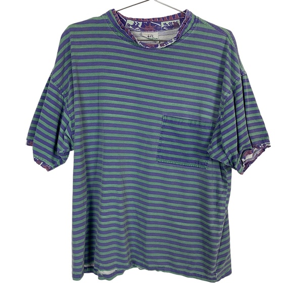 Men's Vintage 417 By Van Heusen Purple & Green Retro Striped Pocket Tee - Picture 1 of 6